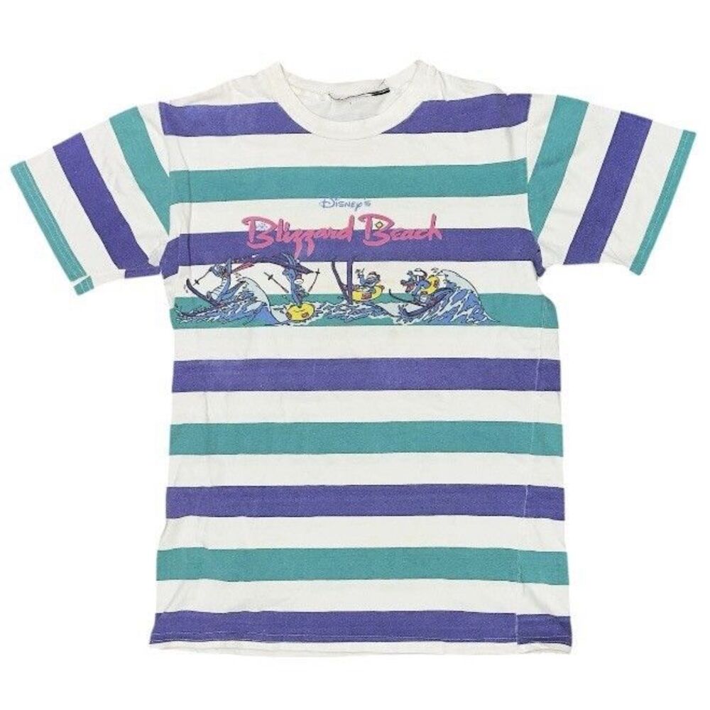 Vintage 90s Disney Blizzard Beach T Shirt Striped Graphic Size XS Water Park AOP